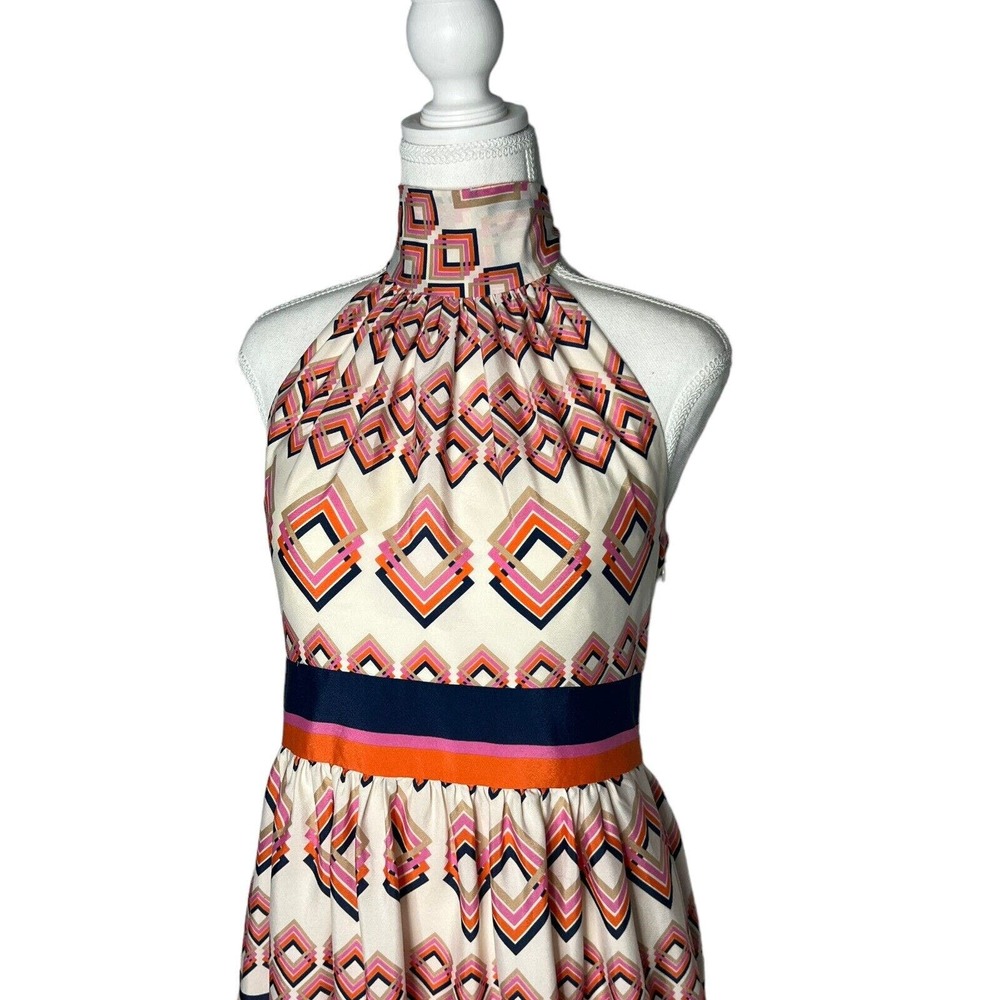 Eliza J Women Size 8 Cream Ivory High Neck Tie Halter geometric Long Maxi dress - Picture 11 of 15